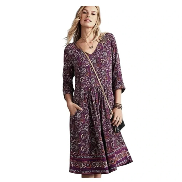 Garnet Hill Boho Purple Orange Floral Paisley Dress V-neck  Knee Length 16 - Picture 1 of 15